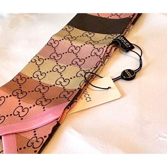 100% SILK Gucci Luxury Scarf Designer GG Logo Pink Brown Glam Coquette Elegant - Picture 3 of 5